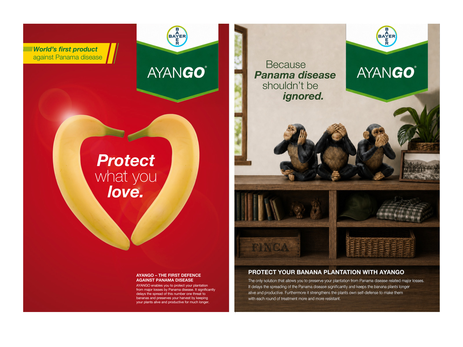 Bayer AYANGO campaign: two bananas forming a heart with the headline Protect what you love
